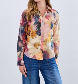 FDJ Melanie Long Sleeve Split Neck Shirt In Multi-Color Abstract