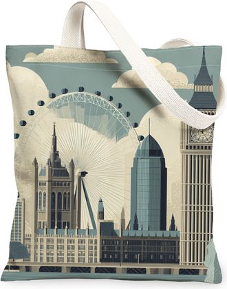 Generic Architectural Canvas Tote Bags, Cityscape Design Reusable Grocery Bags, Stylish Lightweight Washable Shoulder Strap Canvas, Blue, 13x15 Inch
