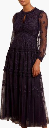 Needle & Thread Autumn Lace Long Sleeve Ankle Gown in Midnight at Nordstrom, Size 14