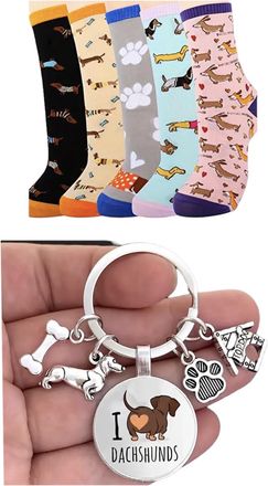 Generic Dachshund Sock Box & Charm Keyring. Gift for Sausage Dog Lover. Gift for Dog Walker. UK Size 4-7