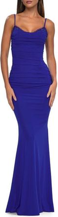 La Femme Net Jersey Prom Dress with Lace Neckline Detail in Royal Blue at Nordstrom, Size 10