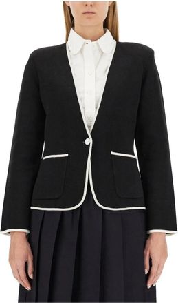 Thom Browne Double Face Single-Breasted Kraagloze Jas van Merino Wol met Sierrand - Dames - Blazers - Zwart - 2XS - Wol - Jassen