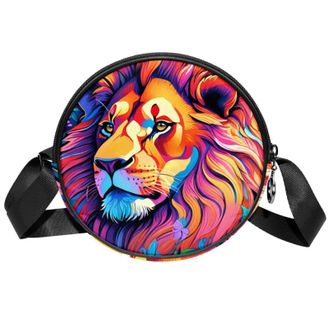 Generic Circle Crossbody Bag for Women, Color Drawing Lion Small Sling Bag Daypack with Zipper Adjustable Shoulder Straps Casual Ladies Girls Round Purse