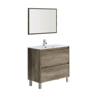 Dmora Mobile Sottolavabo Modesto, Mobiletto Sospeso Con 2 Cassetti, Armadio Per Bagno Con Specchio, Lavabo Escluso, 80x45h80 Cm, Quercia
