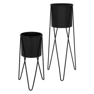 ML Design 2 Soportes Para Plantas De Metal Negro Macetero Pedestal 27x27x48,5 Cm/35,5x34x75 Cm Jardinera Para Interior O Exterior Industrial Decorativo Construc