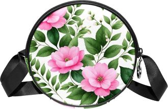 Generic Circle Crossbody Bag for Women, Floral Leaves Small Sling Bag Daypack with Zipper Adjustable Shoulder Straps Casual Ladies Girls Round Purse