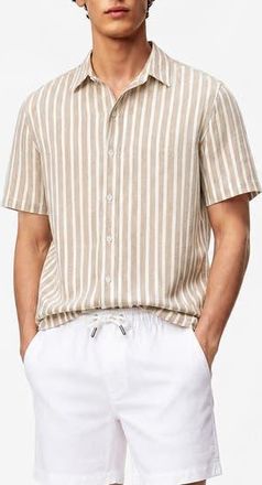 Onia Stripe Short Sleeve Linen & Cotton Blend Button-Up Shirt in Tan at Nordstrom Rack, Size X-Small
