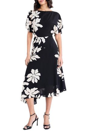 Maggy London Floral Asymmetric Midi Dress in Black/Cream at Nordstrom, Size 0