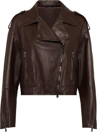 Brunello Cucinelli panelled leather cropped jacket - women - Leather - 44 - Brown