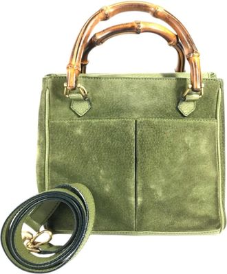 Gucci Bamboo Green Suede Shoulder Bag Tote Bag (Pre-Owned)