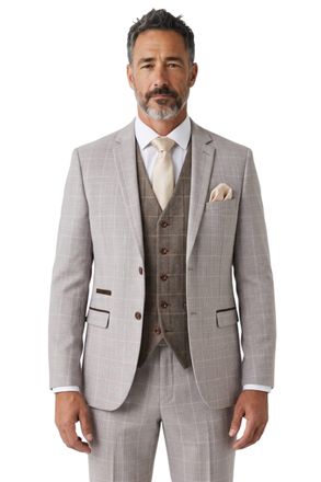 PAUL ANDREW Mens Light Beige Check 3 Piece Suit with Brown Tweed Waistcoat