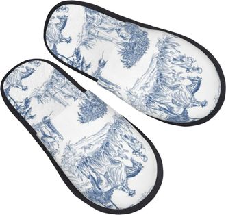 Generic Home Slipper Unique Toile Design Blue Warm Slipper Unisex Fluffy Slippers Comfortable Scuff Slippers For Hotel Travel Party L