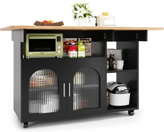 STILVORA Carro De Cocina Con Tablero Abatible, 2 Espacios Cerrados, Estantes Abiertos Y Ruedas, En Mdf Y Vidrio, 120x30x79.5 Cm, Negro Y Natural