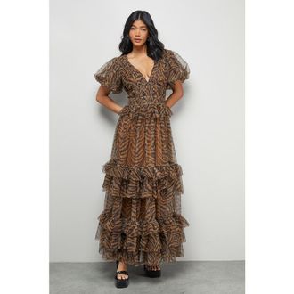 Warehouse Zebra Print Tulle Ruffle Maxi Dress in Animal at Nordstrom, Size 12