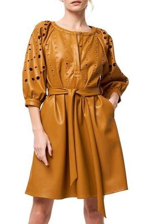 Ciebon Kinna Eyelet Puff Sleeve Tie Belt Faux Leather Shirtdress in Tan at Nordstrom Rack, Size Medium