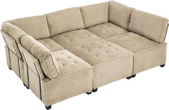 STILVORA Sof&aacute; Modular 6 Plazas En Terciopelo Acanalado Con Brazo, Respaldo Ergon&oacute;mico Y Bolsillos Laterales, Caqui