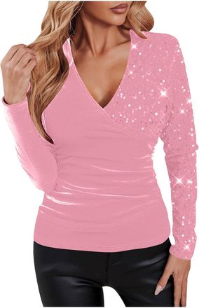 Generic Sequin Tops for Women Uk Sparkly Velvet Long Sleeve V Neck Blouses Shiny Loose Casual Jumpers Tunic Tee Ladies Elegant Party Club Dressy T Shirt Sweat