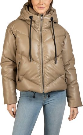 Love Token Long Sleeve Hooded Puffer Jacket In Taupe