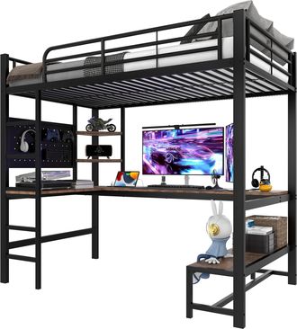 STILVORA Cama Alta 90 X 200 Cm Con Escritorio, Estantes, Panel Perforado, Usb Y Tipo-c, Sin Colch&oacute;n, De Metal Y Mdf, Negro