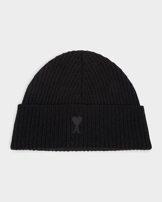 Ami Men & apos;s Wool Rib-Knit Ami De Coeur-Embroidered Beanie Hat