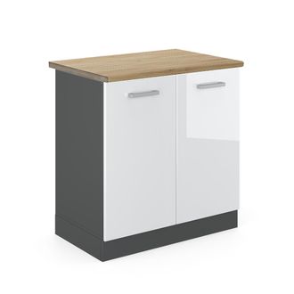 Vicco Armario Bajo Para Fregadero R-line, Blanco Alto Brillo, 80 Cm, Et Roble