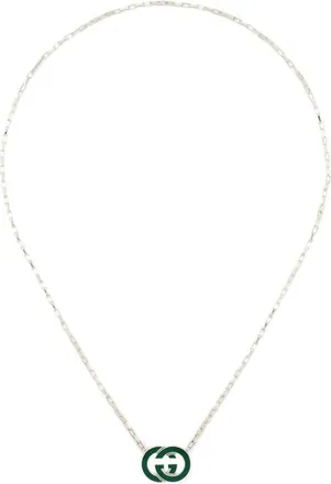Gucci Interlocking G Sterling Silver Necklace with Green Enamel Pendant - YBB854198001