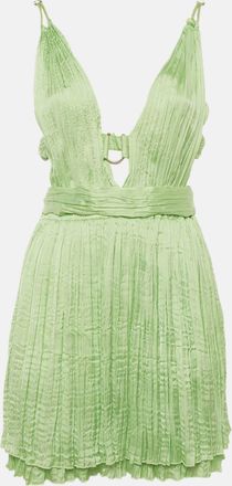 Maje Lime Green Satin Pliss&eacute; Plunge Neck Mini Dress