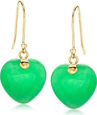 Ross-Simons Jade Heart Drop Earrings in 10kt Yellow Gold
