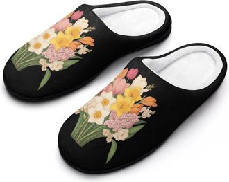 Generic Daffodils Tulips And Hyacinths Flowers Mens House Slippers Memory Foam Washable Cotton Slip on Home Shoes