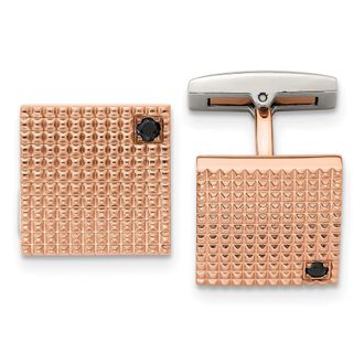 Diamond2Deal Stainless Steel Polished Textured Rose IP-plated Black Cubic Zirconia Cufflinks