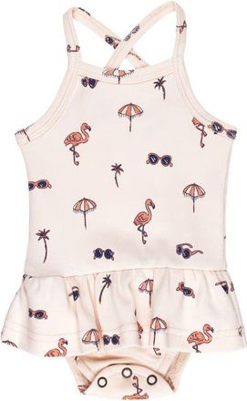 LOvedbaby Flamingo Print Organic Cotton Skirted Bodysuit at Nordstrom, Size 18-24M