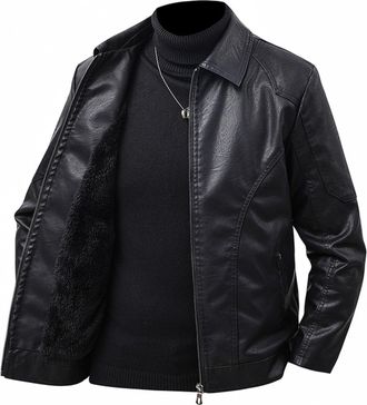 Generic Mens PU Leather Jacket with Fleece Lining Option | Classic Biker Style | Black & Light Green | Sizes XS to 4XL (Black - Thick,XL)