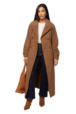 Wallis Petite Double Breasted Maxi Coat, 18, Chocolate