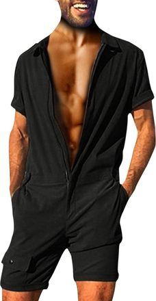 Generic Jumpsuit Mens Short Overalls & Jumpsuits for Men Work Trousers Stretch Slim Fit Linen Overall Summer Work Overalls Dungarees Short Sleeve Romper with 