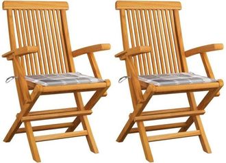 vidaXL Sillas De Jard&iacute;n 2 Uds Madera Teca Con Cojines A Cuadros Grises Vidaxl