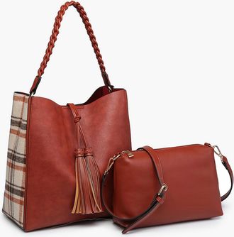 Jen & Co. Womens Dina Plaid Contrast Tote With Tassel And Removable Crossbody Pouch In Rust/cream