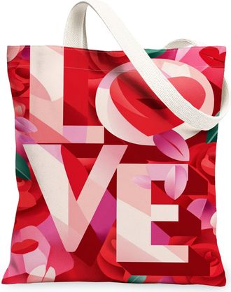 Generic Romantic Rose Canvas Tote Bags, Stylish Floral Pattern Reusable Grocery Bags, Lightweight Washable Shoulder Strap Canvas Fo, Red, 13x15 Inch