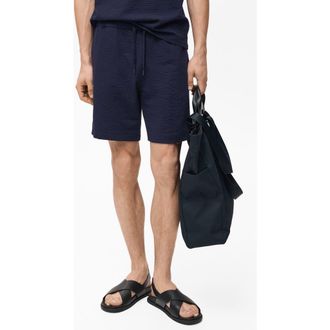 Mango Drawstring Seersucker Shorts in Dark Navy at Nordstrom, Size X-Small