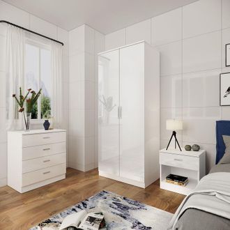Elegant Lighting White Wardrobe for Bedroom Furniture High Gloss Soft Close 3 Piece Include 2 Doors Wardrobe + 4 Drawer Chest of Drawers + Beside Cabinet - Elegant