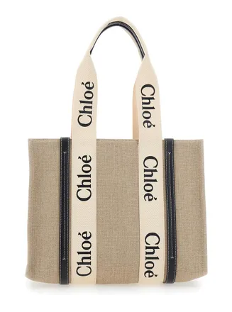 Chlo&eacute; Womens Handbag Medium Woody Beige Linen Tote Bags