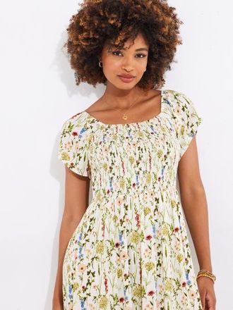 Joe Browns Square Neck Smocked Crinkle Maxi Dress in Ivory Vine Floral at Nordstrom, Size 2X