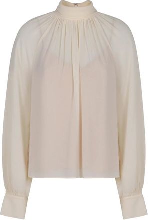 Vince Overhemden, Dames, Wit, S, Polyester, Geplooide Cr&ecirc;pe Blouse met Gedrapeerde Halslijn