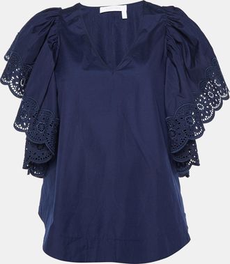 See By Chlo&eacute; See by Chloe Blue Cotton Lace Trim Flared Sleeves Top S