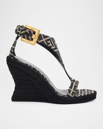 Balmain 85mm Monogram Canvas Espadrille Wedge Sandals