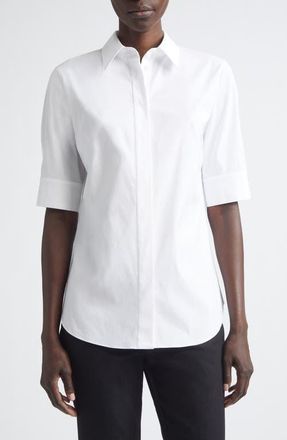 Lafayette 148 New York Elbow Sleeve Button-Up Shirt in White at Nordstrom, Size X-Small