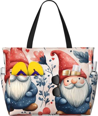 Generic Valentines Gnomes Print Large Beach Bag Foldable Travel Shoulder Tote Bag With Pocket For Weekender Pool Vacation