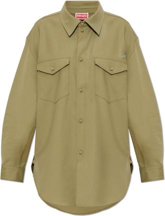 Kenzo Wollen overhemd met geborduurd logo - Dames - Overhemden - Groen - M - Wol - Overhemden