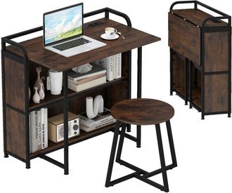 Costway Scrivania Pieghevole con Sgabello, Scrivania Portatile con Scaffale e Stazione di Ricarica, Tavolo da Scrittura con Sedia per Studio e