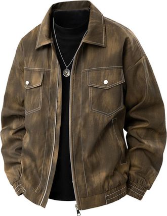 Generic Mens Jackets Full Zip Military Trucker Coat Cargo Vintage Long Sleeve Lapel Collar Chest Pocket Plain Twill Coat Trendy Outdoor Office Golf CasualJack