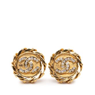Chanel Tweedelig Cc Goud Vergulde Strass Ronde Clip On Oorbellen
